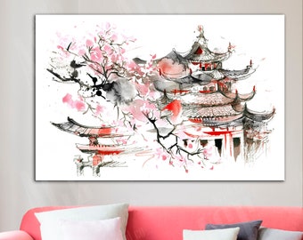 Cherry Blossom Canvas Print: Japanese Watercolor Wall Art
