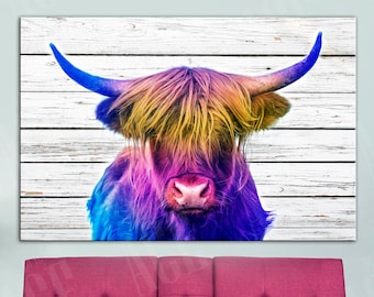 Multicolor Highland Cow Canvas, Cow painting, Rustic Decor