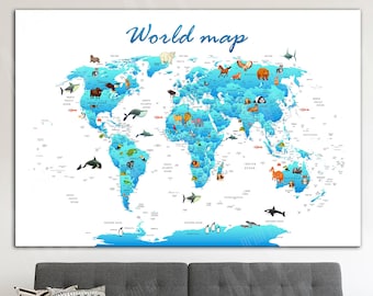 Animal World Map Canvas Print: Kid's Room Decor
