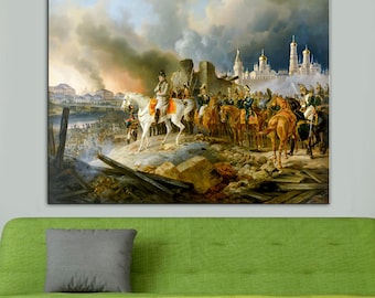 Napoleon in Burning Moscow Reproduction Print, Adam Albrecht Painting, Vintage Canvas Wall Art