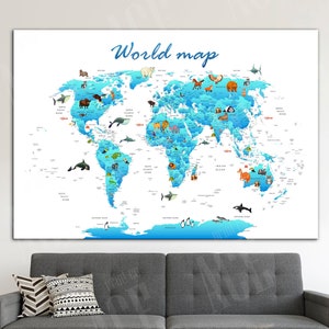 Weltkarte Leinwand, Kinderzimmer Weltkarte, Dekor für Kinderzimmer