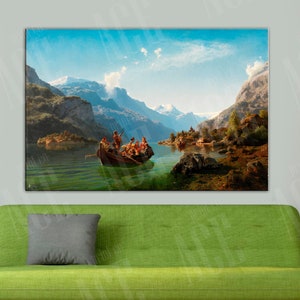 May include: A painting depicting a group of people in a wooden boat on a lake surrounded by mountains. The sky is blue with white clouds and the water is a vibrant green.
