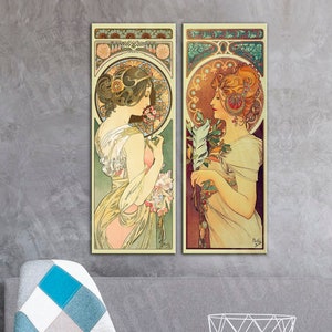 Primrose and Feather by Mucha Canvas Print, Alphonse Mucha Reproduction Print, SET 2 Panels