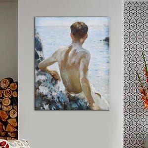 Beach Study Canvas Print, Henry Scott Tuke Art, Beach Study Painting Reproduction Print, Scott Tuke Young Man Wall Decor