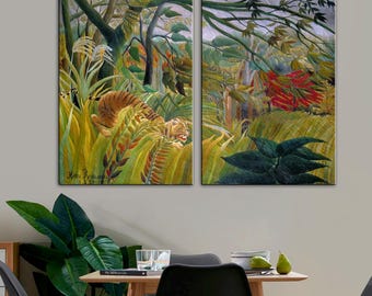 Tiger in a Tropical Storm by Henri Rousseau – Jungle Canvas Wall Art, Exotic Animal Painting, Ready to Hang or Rolled Canvas, Set 2 Panels