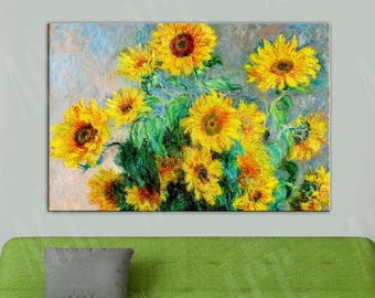 ヴィンテージ風の黄色いひまわりのキャンバスプリント：花柄の壁飾り複製画