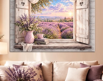 Lavender Field Window Canvas, Provence Wall Art, French Country Farmhouse Decor, Rustic Countryside Landscape Print