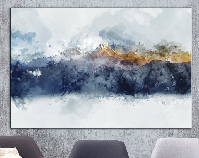 Mountain River Landscape Watercolor Painting Pine Tree Wall Art Neutral ...