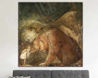 John Bauer Reproduction Canvas, She Kissed The Bear On The Nose Print Wall Decor