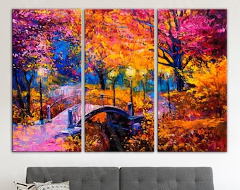 Colored trees Canvas, Landscape Wall Art, Bridge in the Park Abstraction Print
