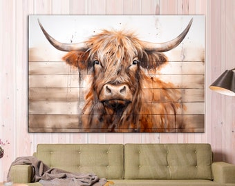 Canvasafdruk hooglandkoe: muurdecoratie boerderij