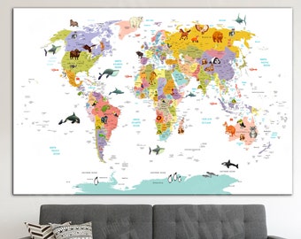 Animal World Map Canvas: Kid's Room Decor