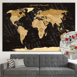World Map Push Pin Canvas, Push Pin World Map Print, Push Pin Travel Map