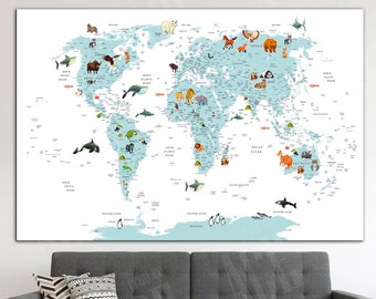 Animal World Map Canvas: Kid's Room Decor