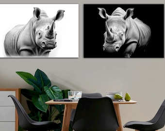 Płótno z nosorożcami, zestaw kontrastowych obrazów ściennych Rhino Contrast Duo – czarno-biały, nowoczesny zestaw safari, minimalistyczne nadruki z motywem dzikiej przyrody do salonu, wystrój biura