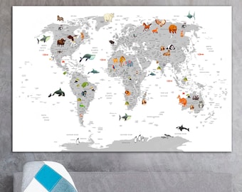 Animal World Map Canvas: Kid's Room Decor, Children's Art