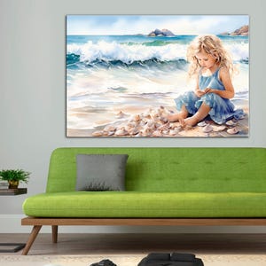 Girls on Beach Watercolor Painting Print, Seascape Wall Decor, Childrens Beach Print, Girl on the ocean Vintage Styled Print