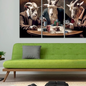 Peinture de jeu de poker, décoration murale de chèvres jouant au poker, impression sur toile de chèvres, cadeau de joueur de poker, décoration de club de poker