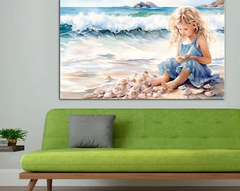 Girls on Beach Watercolor Print: Vintage Seascape Wall Decor, Childrens Beach Canvas