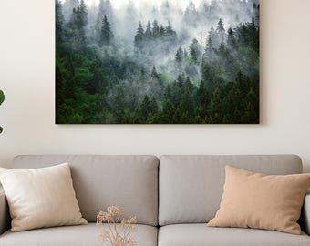 Misty Foggy Forest Wall Art – Woodland Nature Canvas Print, Large Home Decor