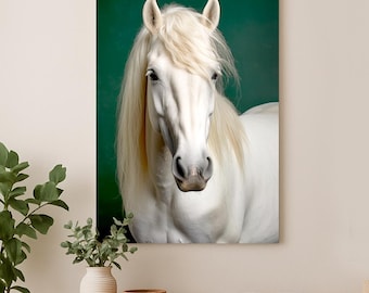 White Horse Canvas Wall Art – Farmhouse Rustic Equine Decor, Portrait Canvas Print