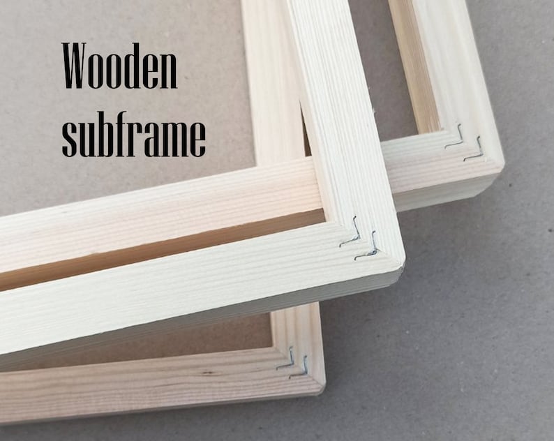 May include: Two wooden subframes for stretching canvas. The subframes are made of natural wood and have staples along the edges.