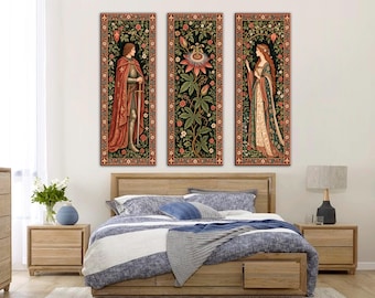 Medieval Knight and Lady Triptych Canvas, Renaissance Floral Wall Art, Gothic Boho Decor, Romantic Medieval Tapestry Style, 3 Panel Set