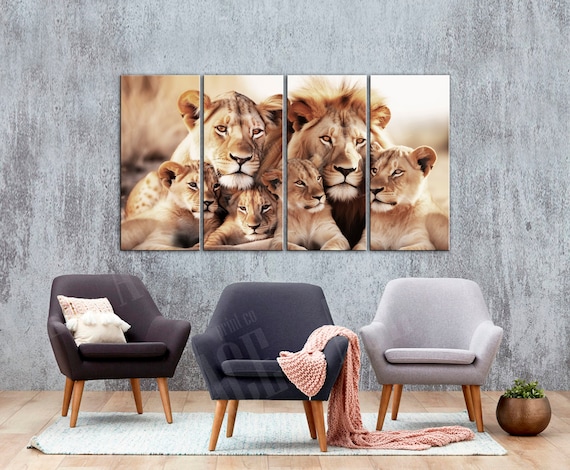 Poster 5 Pezzi Famiglia Di Leoni In Bianco E Nero - Stampa Su Tela 150x80 Cm, Decorazione Moderna Per Parete