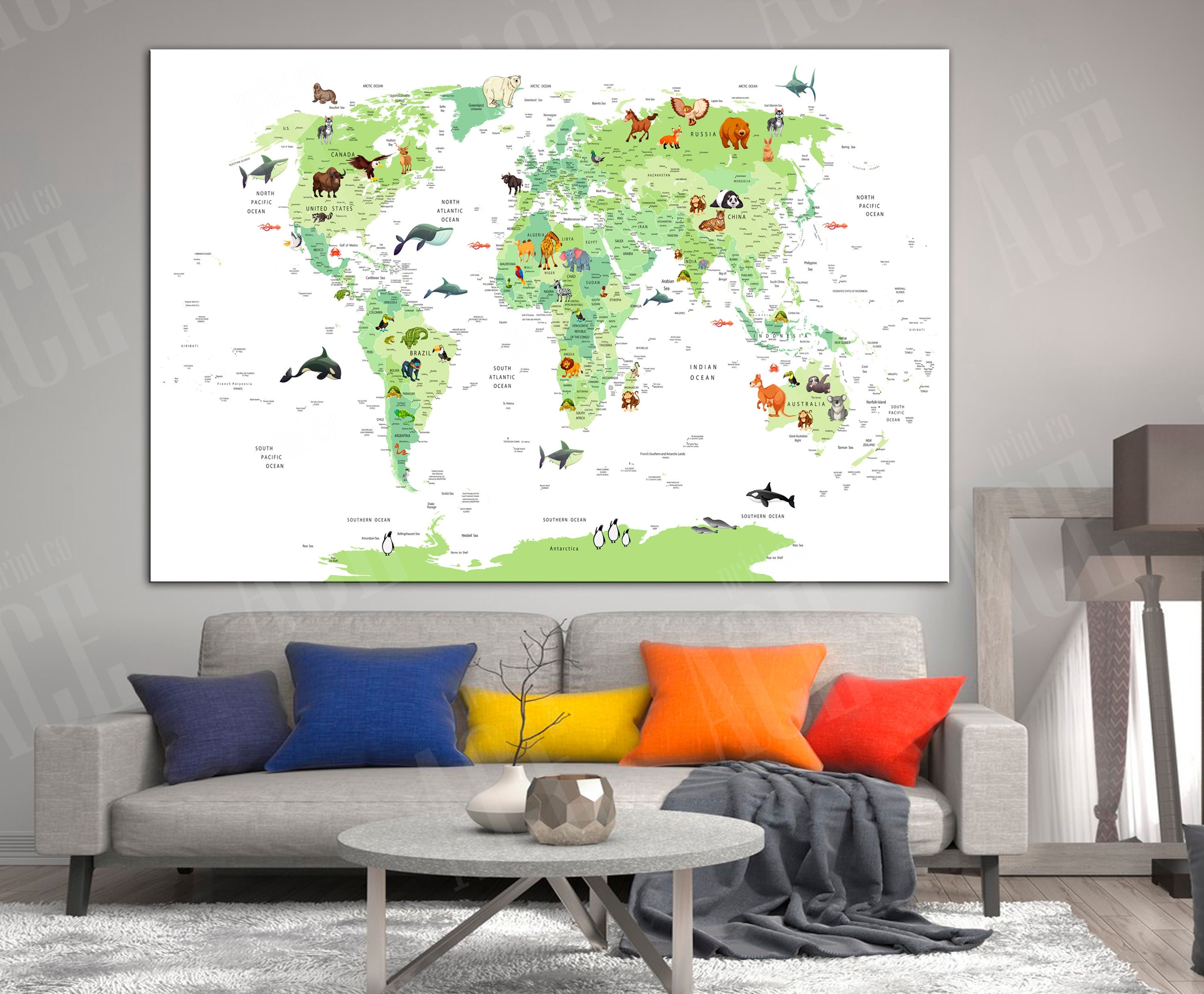 Art & Collectibles Letterpress Prints Kid world map canvas Kid room