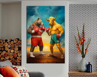 Bear vs Bull Boxing Canvas Print: Stock Market Wall Decor, Trading Painting