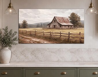Rustic Barn Canvas Print, Vintage Farmhouse Wall Art, Country Landscape Painting, Weathered Barn Decor, Rural Fence Canvas, Rustic Decor