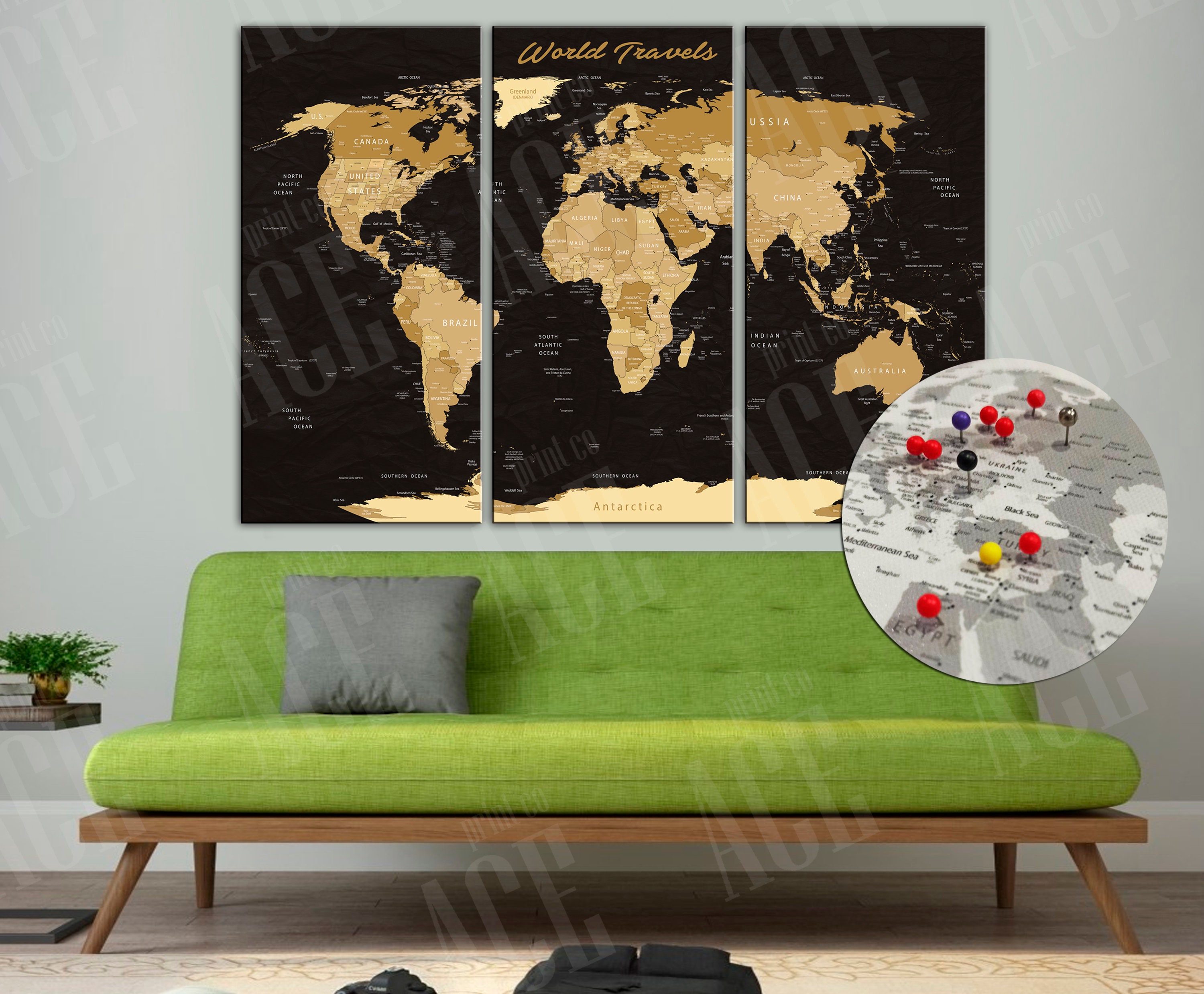Push Pin World Map Canvas: Travel Tracker Print - Etsy