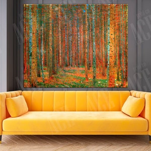 May include: A painting of a forest with tall, slender trees. The trees are painted in shades of green, blue, and orange, and the ground is covered in a carpet of green and orange leaves. The painting is a vibrant and colorful depiction of a forest.