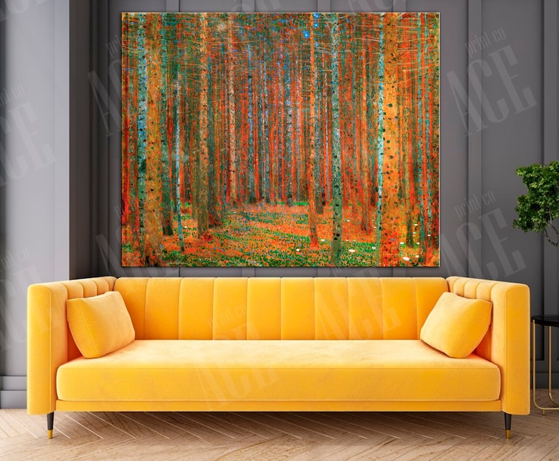 May include: A painting of a forest with tall, slender trees. The trees are painted in shades of green, blue, and orange, and the ground is covered in a carpet of green and orange leaves. The painting is a vibrant and colorful depiction of a forest.