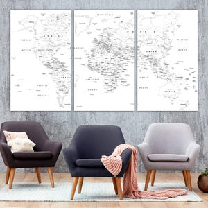Stampa su tela con mappa del mondo in bianco e nero, grande decorazione da parete con mappa del mondo, stampa dettagliata della mappa del mondo, decorazione per aule, regalo per gli amanti dei viaggi