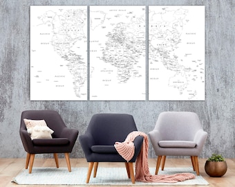 Black and White World Map Canvas Print: Classroom Large Wall Decor
