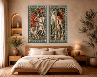 Medieval Knight and Lady Canvas Set, Renaissance Wall Art, Gothic Castlecore Decor, Knight on White Horse, Medieval Tapestry Style, Set of 2