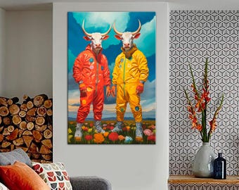 Humorous Bulls Pop Art Print: Bright Colored Wall Decor, Cartoon Print