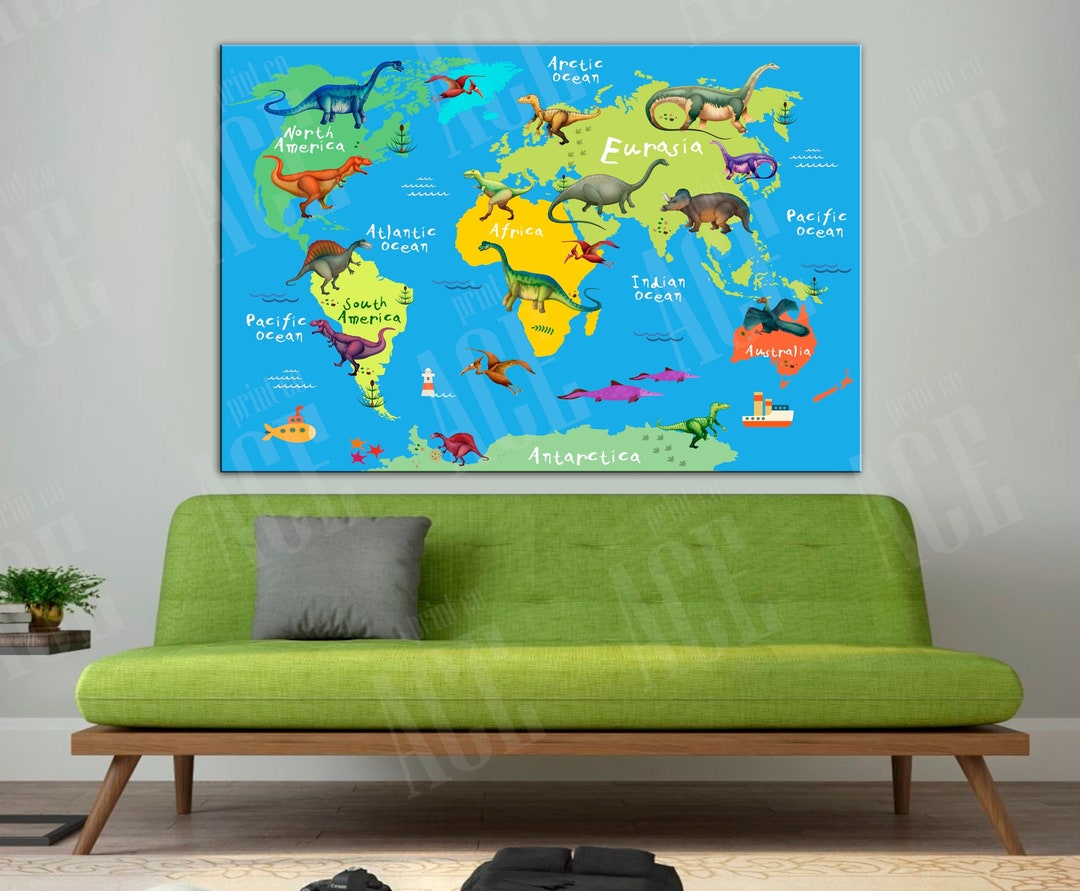 World Map Canvas, Kid Room World Map, Dinosaurs Decor for Children's ...