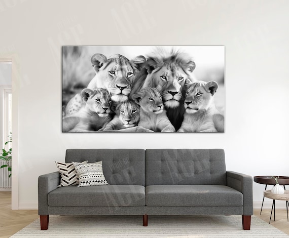Poster 5 Pezzi Famiglia Di Leoni In Bianco E Nero - Stampa Su Tela 150x80 Cm, Decorazione Moderna Per Parete