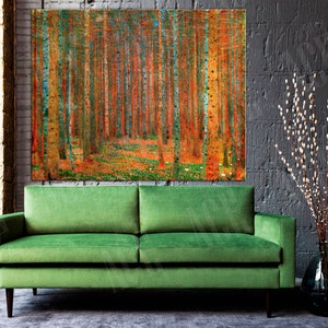 May include: A painting of a forest with tall, slender trees in shades of orange, yellow, and green. The trees are arranged in a symmetrical pattern, creating a sense of depth and perspective. The ground is covered in a layer of fallen leaves, adding to the autumnal feel of the scene.