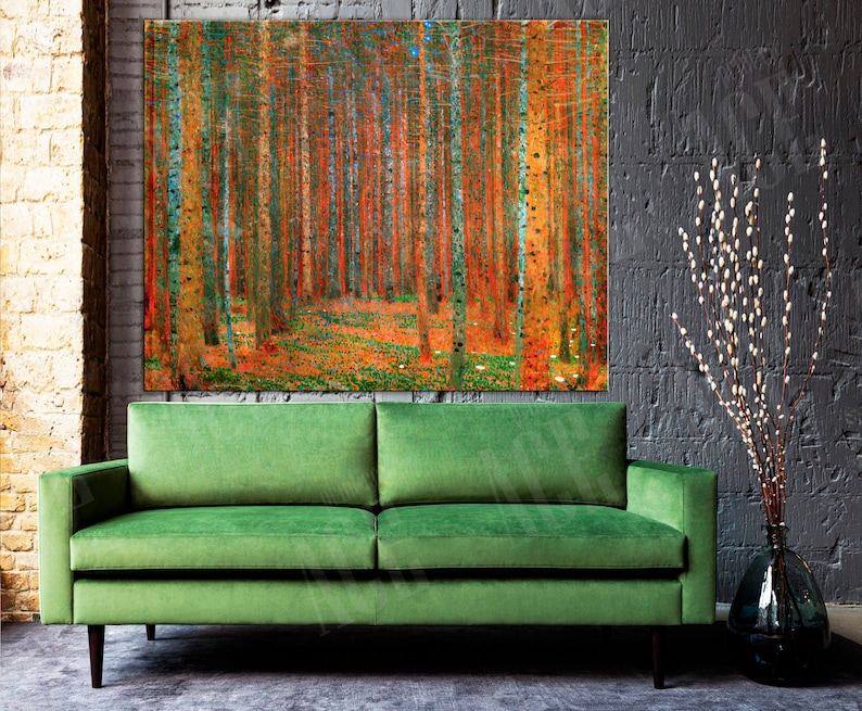 May include: A painting of a forest with tall, slender trees in shades of orange, yellow, and green. The trees are arranged in a symmetrical pattern, creating a sense of depth and perspective. The ground is covered in a layer of fallen leaves, adding to the autumnal feel of the scene.