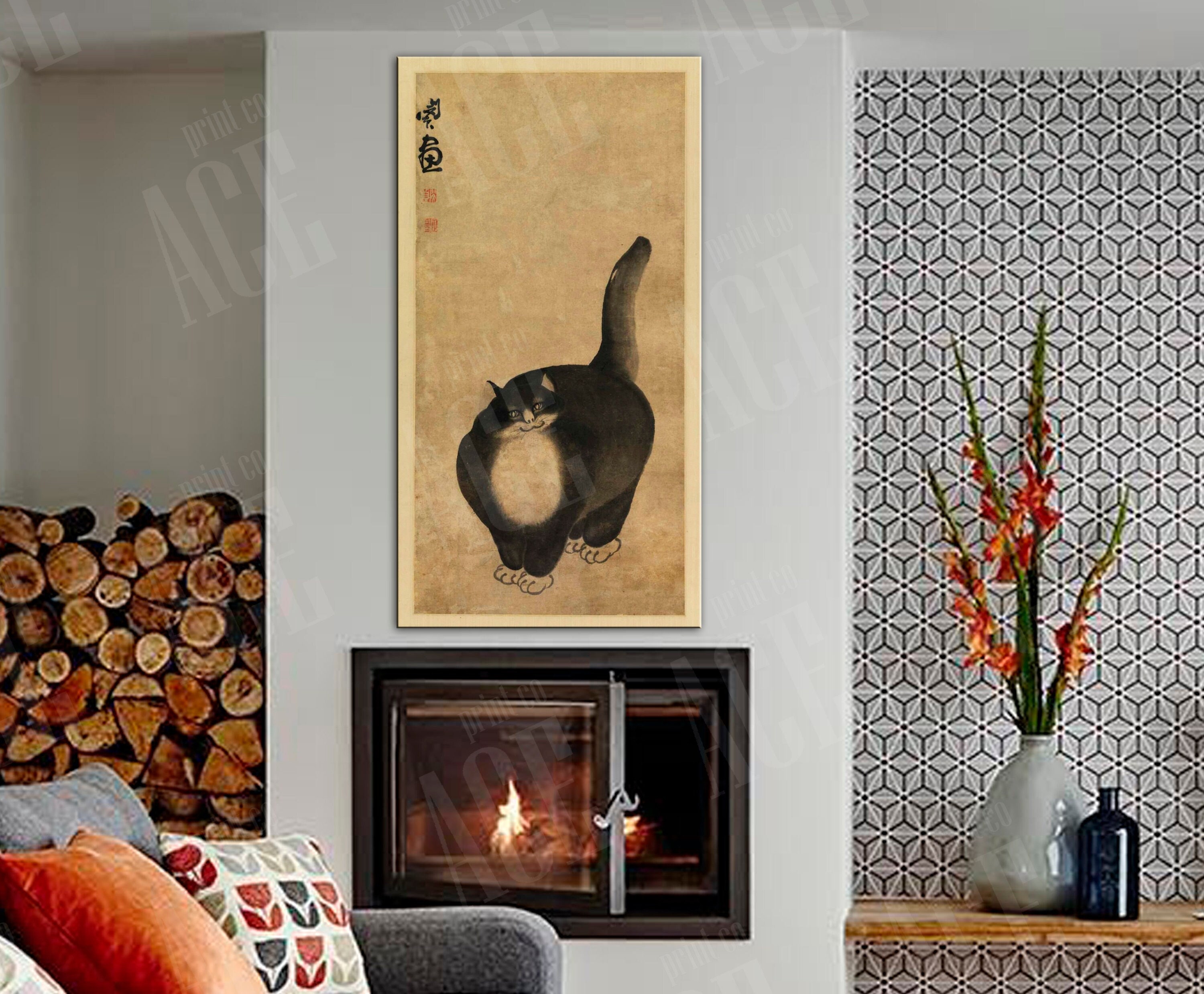 絵画 blackcat Vintage Black Cat Canvas Print: Min Zhen Chinese Decor