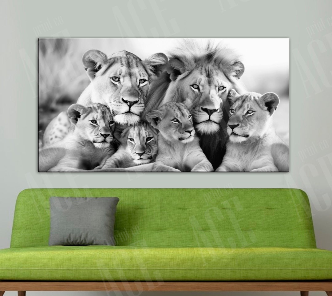 Lion Family Canvas Print: Black and White Lioness, Lion & Cubs Wall ...
