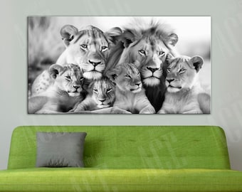 Lion Family Canvas Print: Black and White Lioness, Lion & Cubs Wall Decor