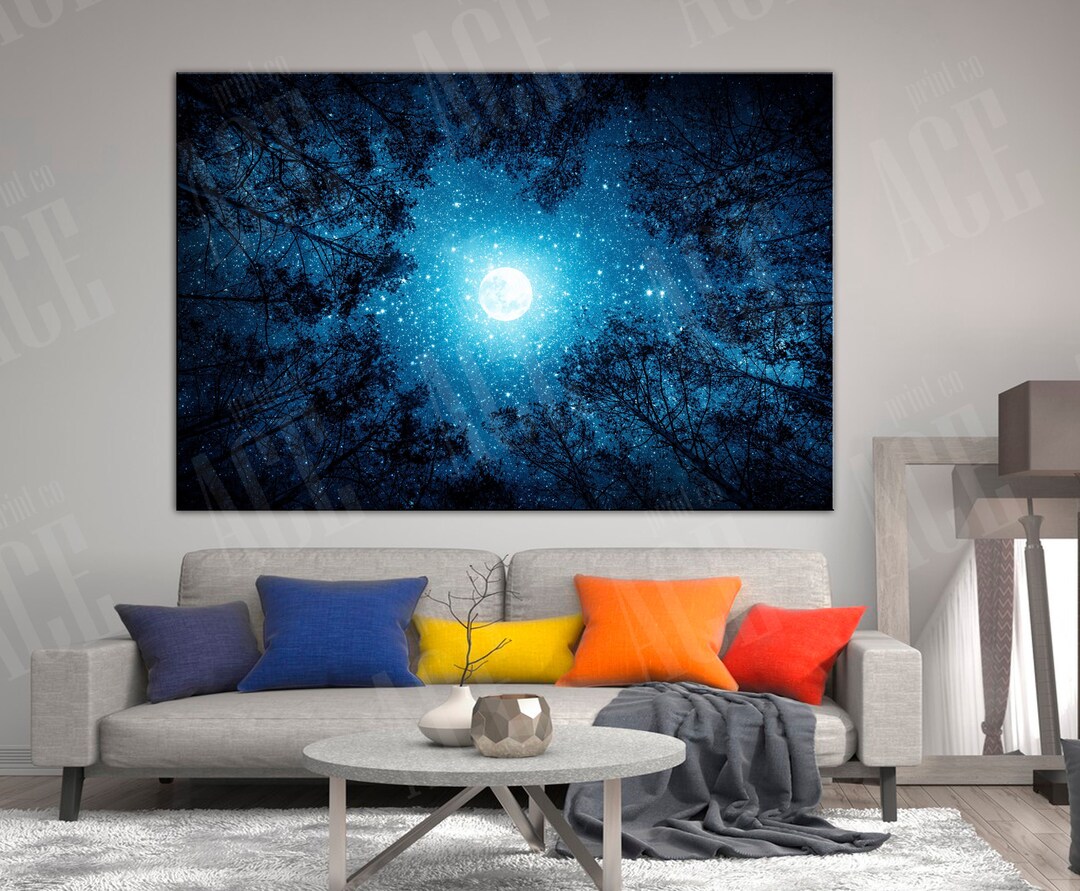 Full Moon Night Forest Print, Tree Tops Canvas, Blue Forest Wall Art - Etsy
