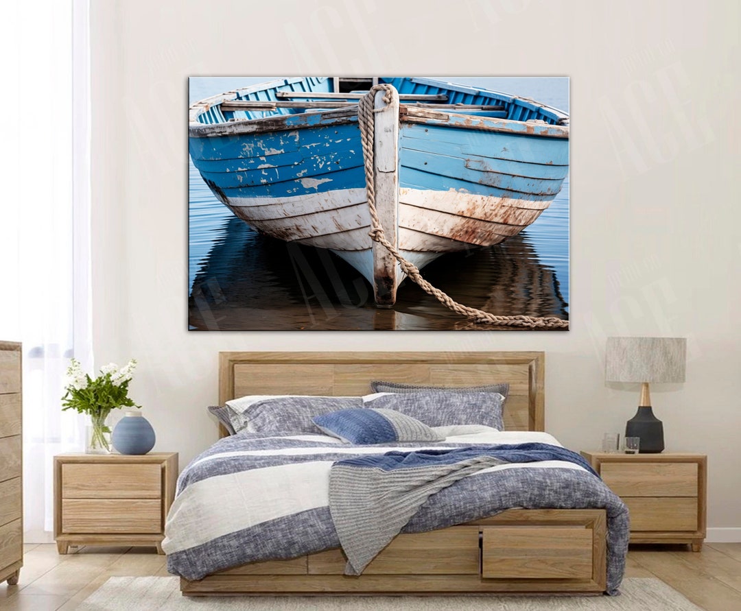 Rustic Wooden Boat Canvas Print: Vintage Coastal Painting Wall Art - Etsy