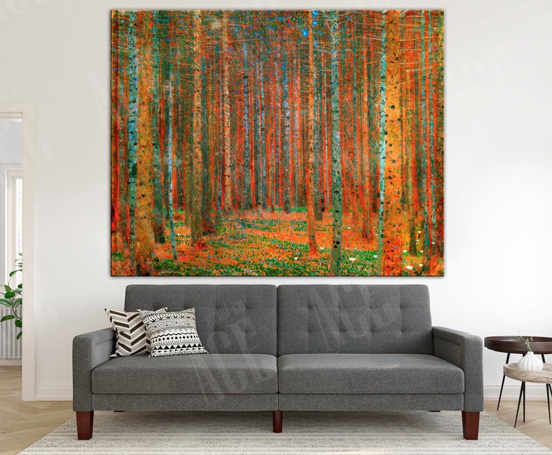 May include: A painting of a forest with tall, slender trees. The trees are painted in shades of green, orange, and yellow, creating a vibrant and colorful scene. The forest floor is covered in a layer of fallen leaves.