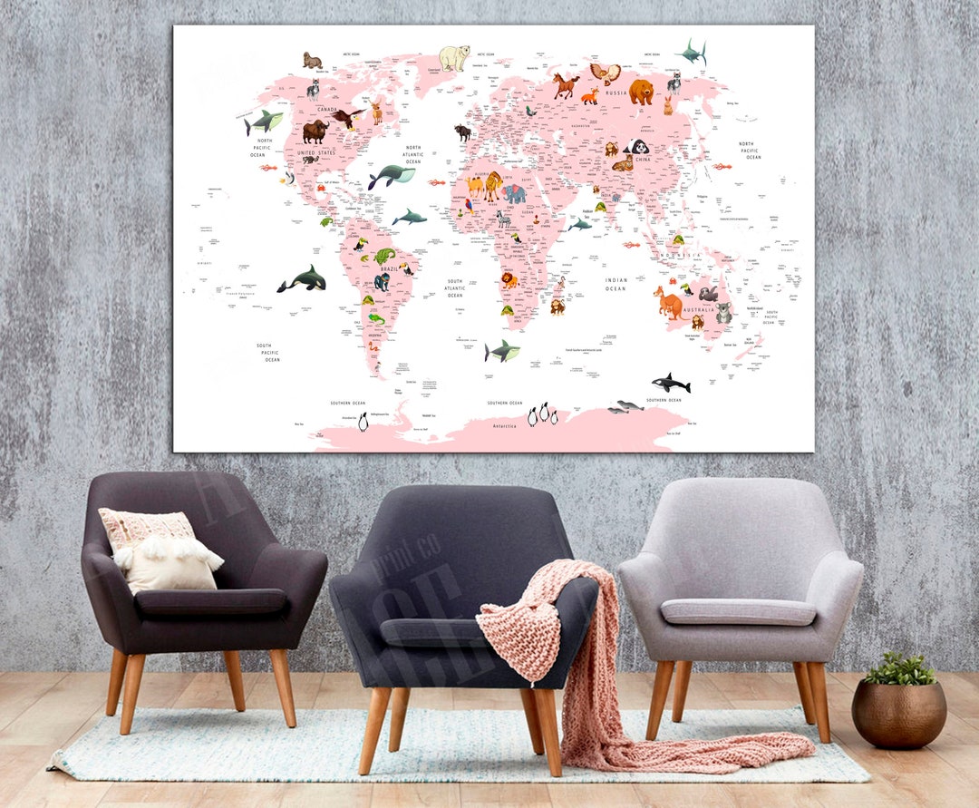 World Map Canvas, Kid Room World Map, Decor for Children's Room - Etsy