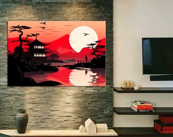 Red Black Japanese Landscape Canvas Print, Japanese Castles